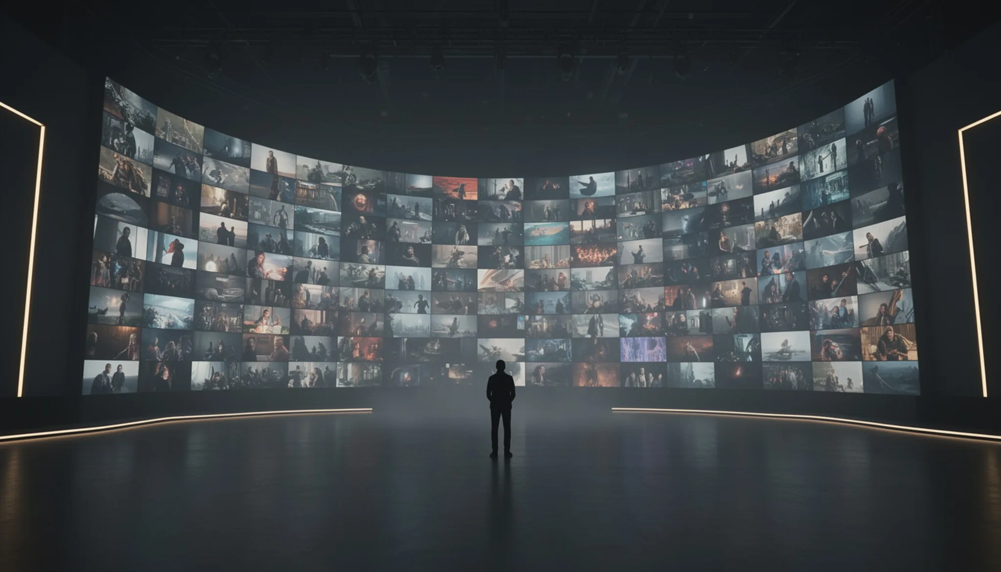 A lone figure before a vast wall of generated frames